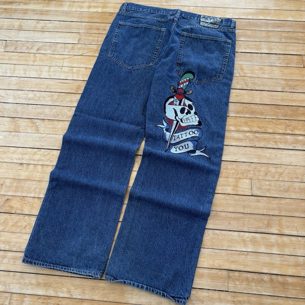 VTG Ed Hardy Embroidered Baggy Skater Jeans y2k Christian Audigier Denim 38x34